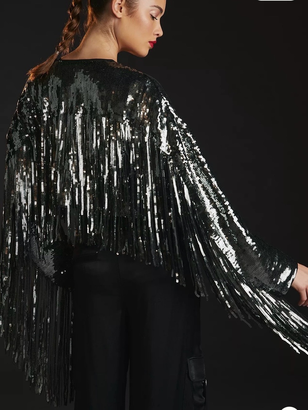 NWOT Anthropologie Black Sequin Fringe Jacket - Picture 4 of 11